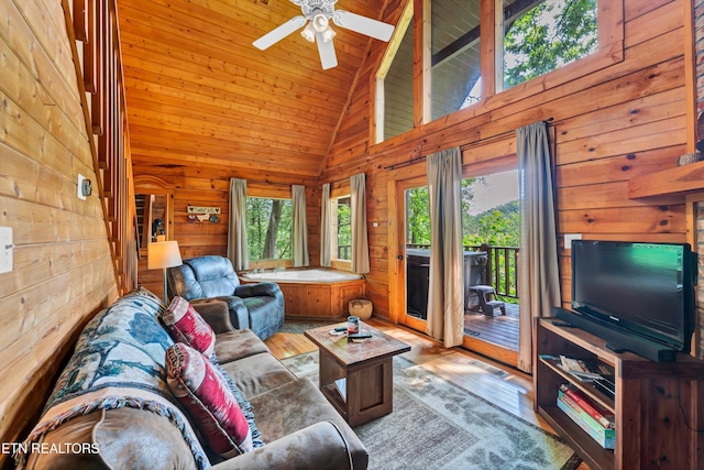 2941 Valley Springs Way, Sevierville, TN 37862 - living area with wood walls, ceiling fan, high vaulted ceiling, light wood-style floors, and wood ceiling