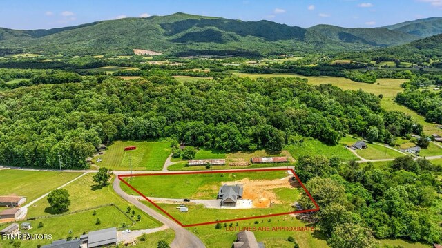 1947 Oneil Rd, Newport, TN 37821 - aerial view of property and surrounding area with property boundaries highlighted and a mountain backdrop