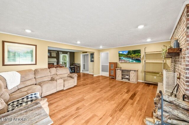 1000 Burgess Mills Rd, Cookeville, TN 38506 - living room with a fireplace, ornamental molding, light wood-style flooring, a textured ceiling, and baseboards