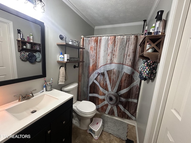 1336 Tom Breeden Rd, Jefferson City, TN 37760 - bathroom featuring vanity, toilet, a textured ceiling, a shower with curtain, and crown molding