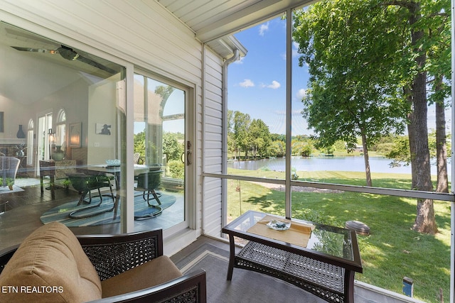 105 Gogeyi Trl, Vonore, TN 37885 - sunroom / solarium featuring a water view, vaulted ceiling, and outdoor dining area
