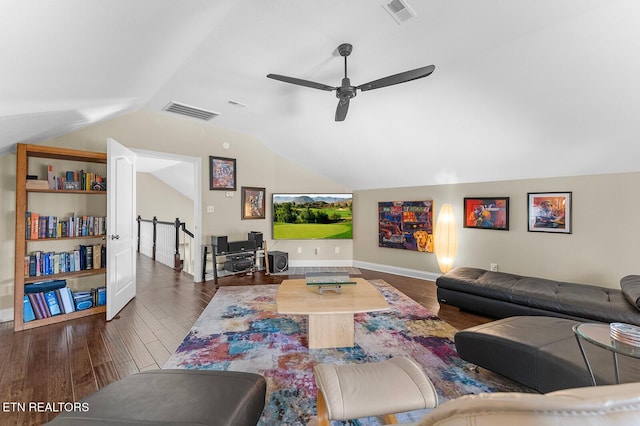 105 Gogeyi Trl, Vonore, TN 37885 - living room with vaulted ceiling, a ceiling fan, wood finished floors, and baseboards