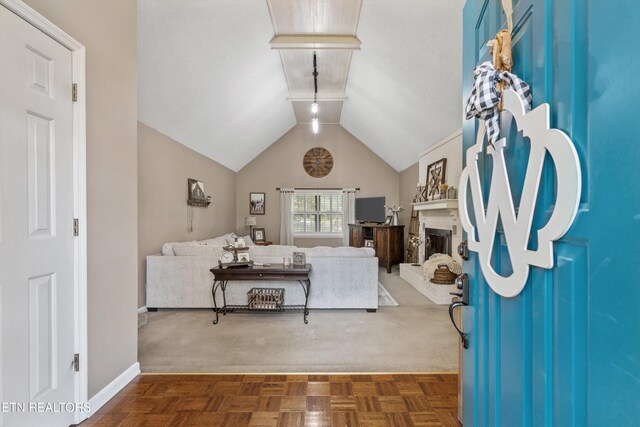 1420 Brentwood Dr, Athens, TN 37303 - living room featuring baseboards, a brick fireplace, and lofted ceiling