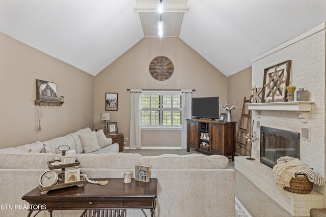 1420 Brentwood Dr, Athens, TN 37303 - carpeted living room with a brick fireplace, high vaulted ceiling, and baseboards