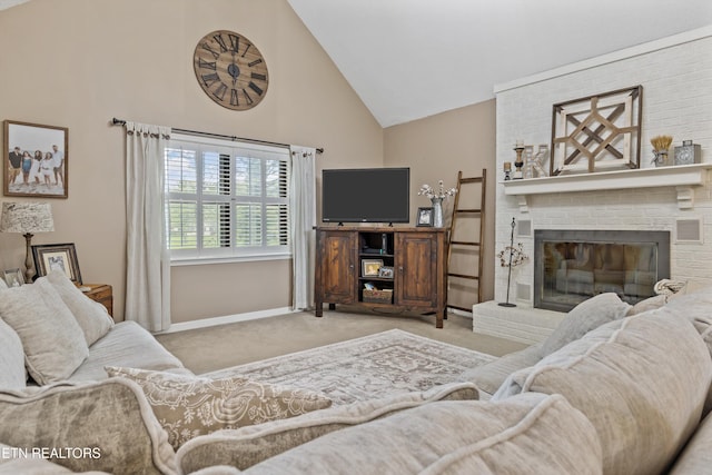 1420 Brentwood Dr, Athens, TN 37303 - carpeted living area featuring high vaulted ceiling, baseboards, and a brick fireplace