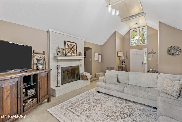 1420 Brentwood Dr, Athens, TN 37303 - living area featuring light carpet, lofted ceiling, and a brick fireplace