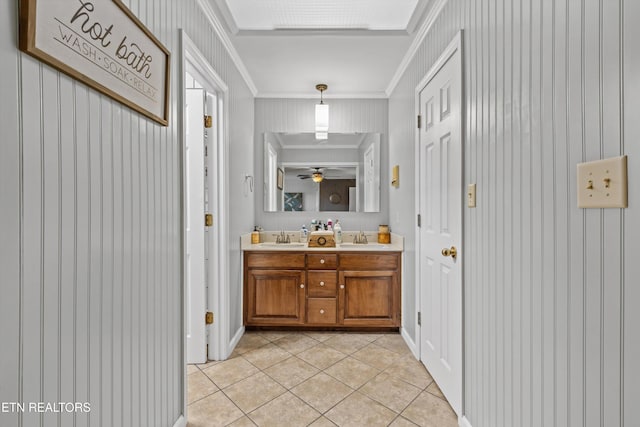 1420 Brentwood Dr, Athens, TN 37303 - bathroom with tile patterned flooring, double vanity, crown molding, and ceiling fan