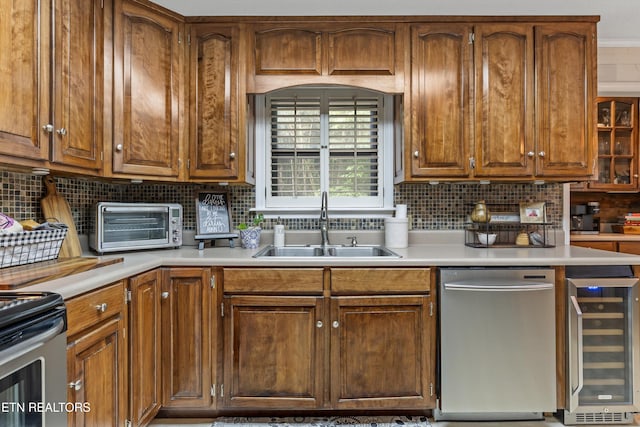 1420 Brentwood Dr, Athens, TN 37303 - kitchen featuring wine cooler, stainless steel appliances, a sink, light countertops, and backsplash