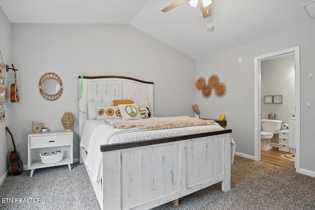 3950 Cherokee Woods Way Unit 204, Knoxville, TN 37920 - carpeted bedroom with lofted ceiling, ensuite bathroom, ceiling fan, and baseboards