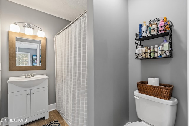 2116 Pleasant View Rd, Knoxville, TN 37914 - bathroom with vanity, toilet, wood finished floors, and a shower with shower curtain