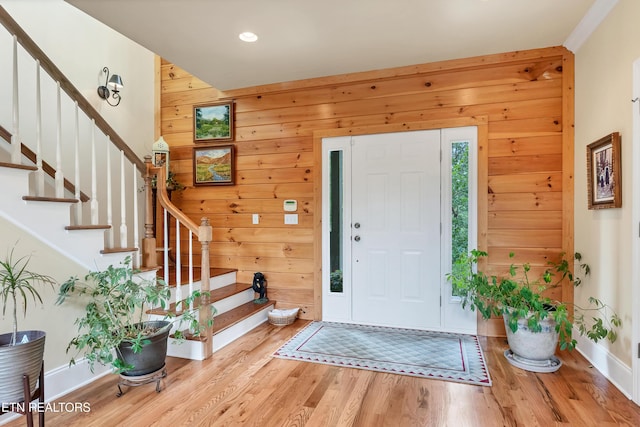670 Hawk View Dr, Townsend, TN 37882 - entrance foyer featuring wood walls, baseboards, wood finished floors, stairs, and recessed lighting