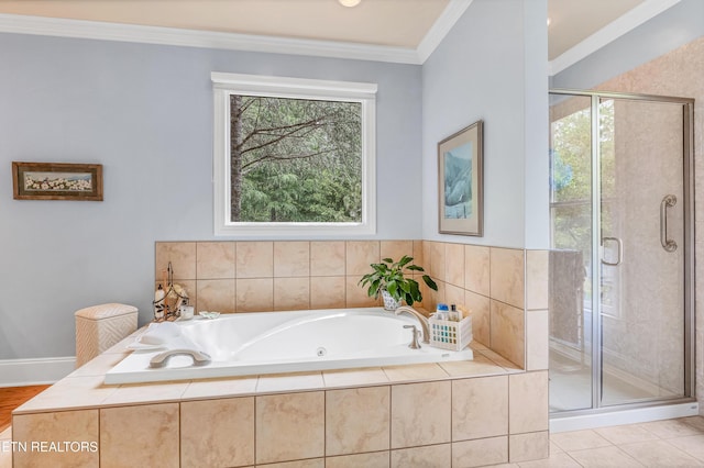 670 Hawk View Dr, Townsend, TN 37882 - bathroom with a shower stall, ornamental molding, a whirlpool tub, and baseboards