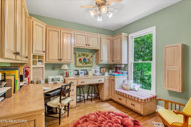 670 Hawk View Dr, Townsend, TN 37882 - kitchen with light countertops, ceiling fan, light wood-style floors, and an office area