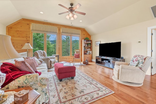 670 Hawk View Dr, Townsend, TN 37882 - living room featuring lofted ceiling, a ceiling fan, wood finished floors, wood walls, and recessed lighting