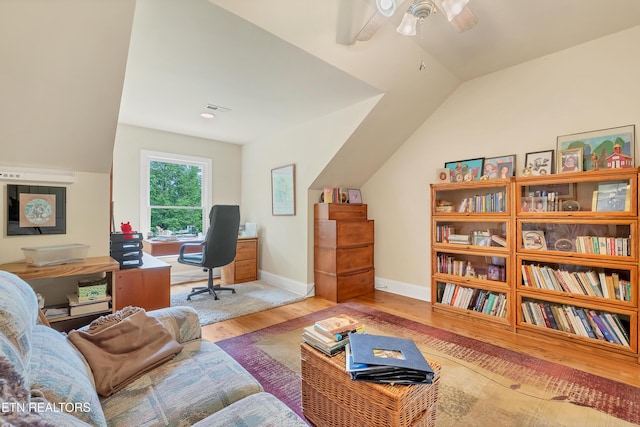 670 Hawk View Dr, Townsend, TN 37882 - office space featuring wood finished floors, a ceiling fan, vaulted ceiling, and baseboards