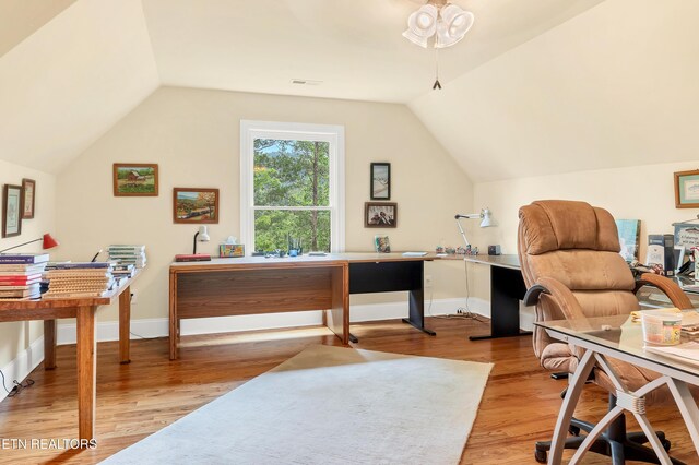 670 Hawk View Dr, Townsend, TN 37882 - home office with light wood-type flooring, vaulted ceiling, and baseboards