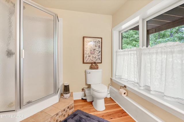 670 Hawk View Dr, Townsend, TN 37882 - bathroom with wood finished floors, a stall shower, toilet, and baseboards