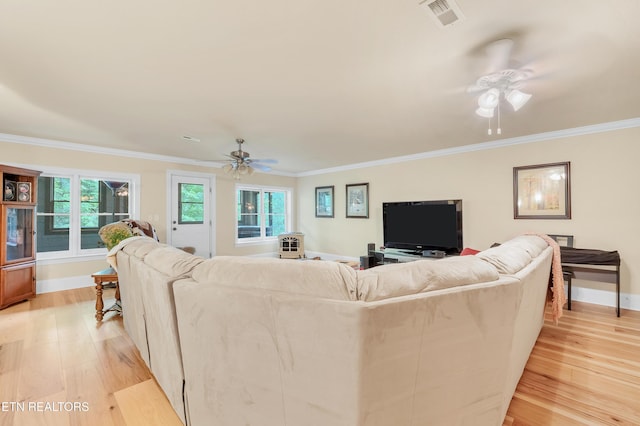 670 Hawk View Dr, Townsend, TN 37882 - living room featuring ceiling fan, light wood-style floors, baseboards, ornamental molding, and healthy amount of natural light