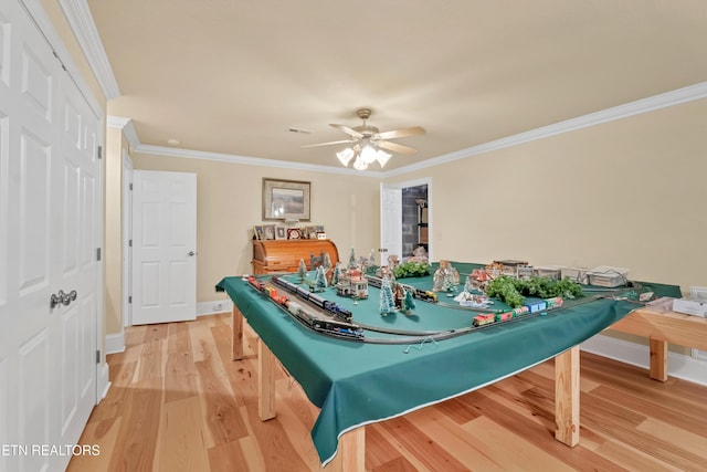 670 Hawk View Dr, Townsend, TN 37882 - game room with ornamental molding, light wood-style flooring, baseboards, and ceiling fan