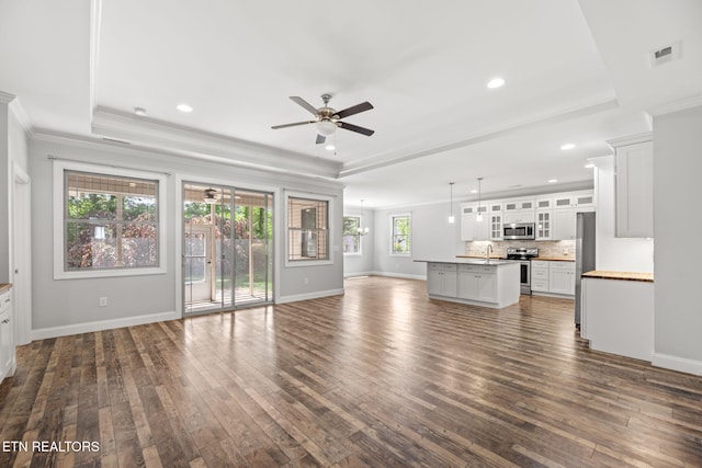 115 Tsuhdatsi Way, Loudon, TN 37774 - unfurnished living room featuring a tray ceiling, a sink, a ceiling fan, dark wood-style flooring, and recessed lighting