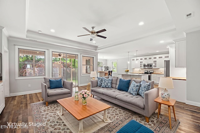 115 Tsuhdatsi Way, Loudon, TN 37774 - living area with a raised ceiling, baseboards, a ceiling fan, dark wood finished floors, and recessed lighting
