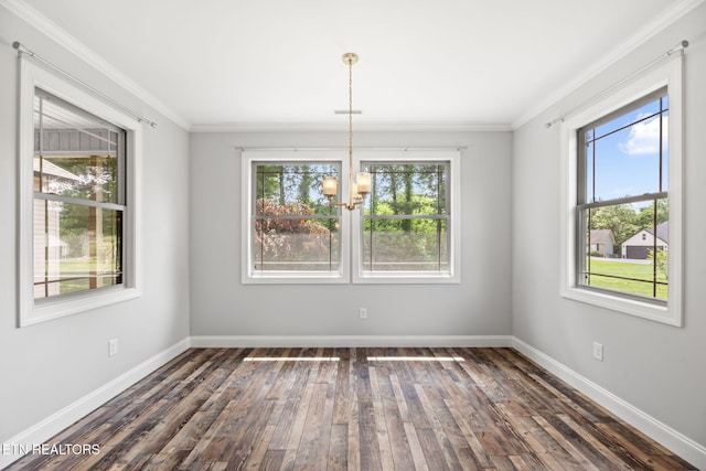 115 Tsuhdatsi Way, Loudon, TN 37774 - unfurnished dining area featuring dark wood-type flooring, crown molding, a chandelier, and baseboards
