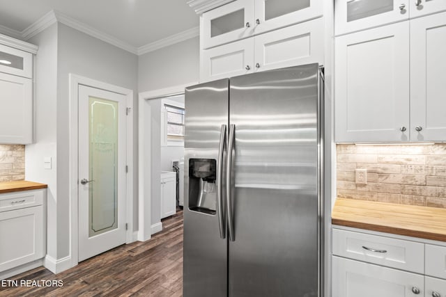 115 Tsuhdatsi Way, Loudon, TN 37774 - kitchen with stainless steel refrigerator with ice dispenser, wood counters, dark wood-style floors, crown molding, and backsplash