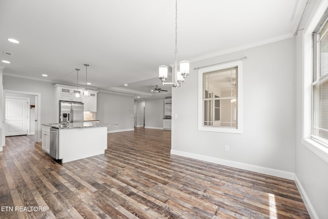 115 Tsuhdatsi Way, Loudon, TN 37774 - kitchen featuring stainless steel refrigerator with ice dispenser, crown molding, open floor plan, recessed lighting, and dark wood-type flooring