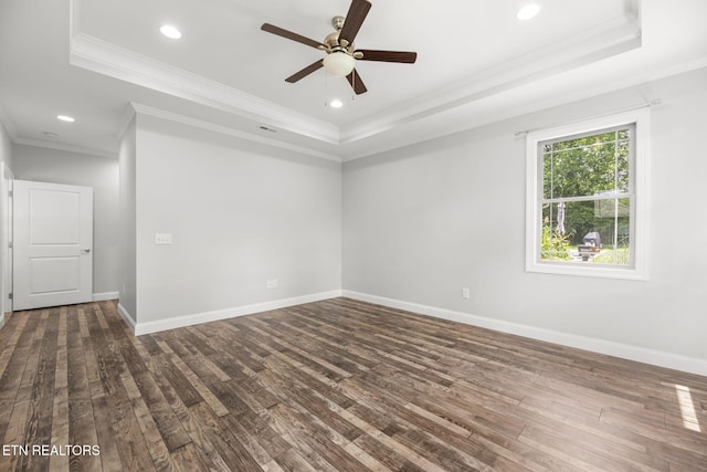 115 Tsuhdatsi Way, Loudon, TN 37774 - empty room with a tray ceiling, dark wood finished floors, ornamental molding, ceiling fan, and recessed lighting