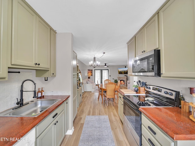 633 Vose Rd Unit G, Alcoa, TN 37701 - kitchen with appliances with stainless steel finishes, a sink, a chandelier, light wood-style floors, and green cabinets