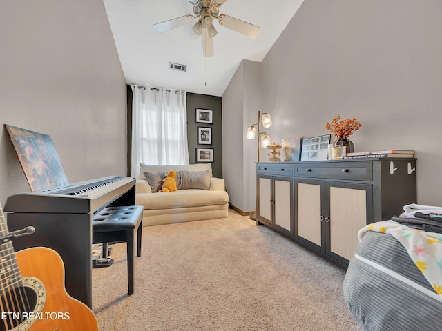 633 Vose Rd Unit G, Alcoa, TN 37701 - living area with light carpet, a ceiling fan, and lofted ceiling
