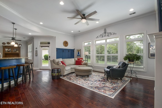 220 Tommotley Dr, Loudon, TN 37774 - living room featuring a ceiling fan, dark wood-type flooring, baseboards, recessed lighting, and crown molding