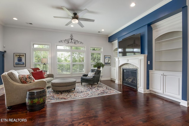 220 Tommotley Dr, Loudon, TN 37774 - living area featuring a premium fireplace, a ceiling fan, healthy amount of natural light, wood-type flooring, and recessed lighting