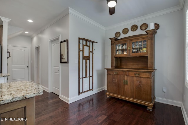 220 Tommotley Dr, Loudon, TN 37774 - dining room with dark wood-type flooring, a ceiling fan, baseboards, crown molding, and recessed lighting