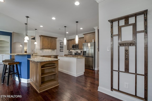 220 Tommotley Dr, Loudon, TN 37774 - kitchen featuring appliances with stainless steel finishes, a kitchen island, open shelves, a peninsula, and ornamental molding