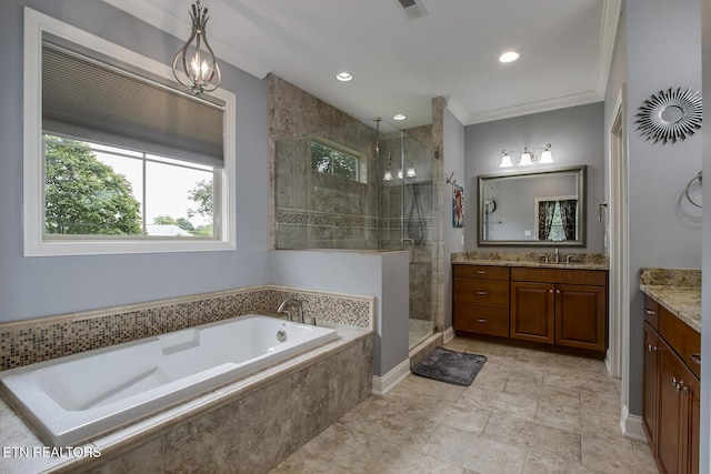220 Tommotley Dr, Loudon, TN 37774 - full bath featuring healthy amount of natural light, vanity, a stall shower, ornamental molding, and recessed lighting