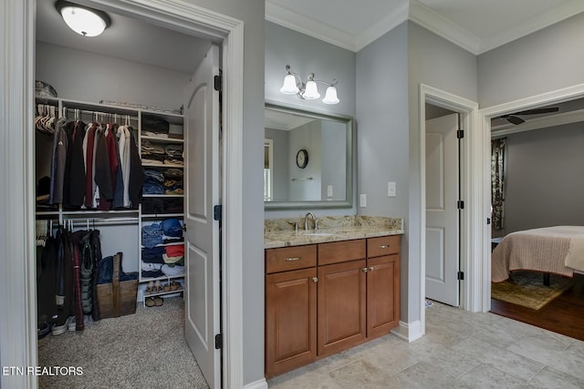 220 Tommotley Dr, Loudon, TN 37774 - full bathroom featuring vanity, ensuite bath, ornamental molding, and a spacious closet