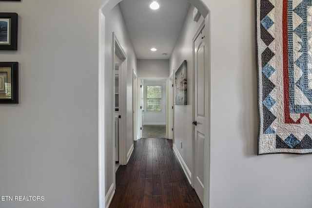 220 Tommotley Dr, Loudon, TN 37774 - hall featuring baseboards, dark wood-style floors, recessed lighting, and arched walkways
