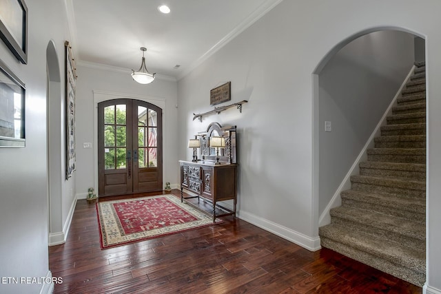220 Tommotley Dr, Loudon, TN 37774 - foyer with arched walkways, french doors, stairs, wood finished floors, and crown molding