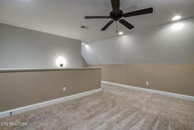 220 Tommotley Dr, Loudon, TN 37774 - carpeted spare room with baseboards, ceiling fan, vaulted ceiling, and recessed lighting