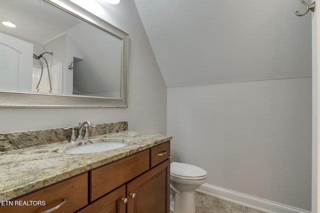 220 Tommotley Dr, Loudon, TN 37774 - bathroom featuring vanity, toilet, and vaulted ceiling