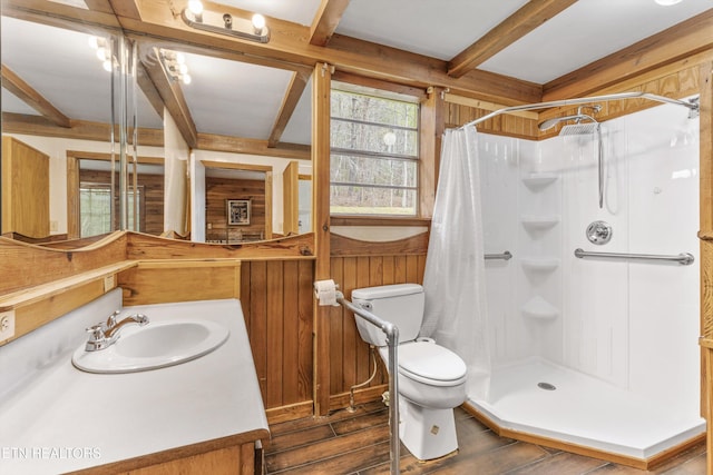 2009 Tellico Reliance Rd, Reliance, TN 37369 - full bathroom featuring toilet, a stall shower, wood finished floors, plenty of natural light, and wooden walls
