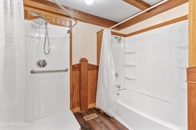 2009 Tellico Reliance Rd, Reliance, TN 37369 - full bath with wood finished floors and shower / bathtub combination with curtain