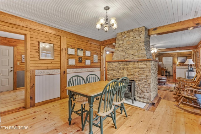 2009 Tellico Reliance Rd, Reliance, TN 37369 - dining area featuring a chandelier, hardwood / wood-style floors, wooden walls, a fireplace, and a ceiling fan