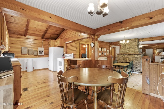 2009 Tellico Reliance Rd, Reliance, TN 37369 - dining area featuring a chandelier, light wood-style flooring, wooden walls, wood ceiling, and a fireplace