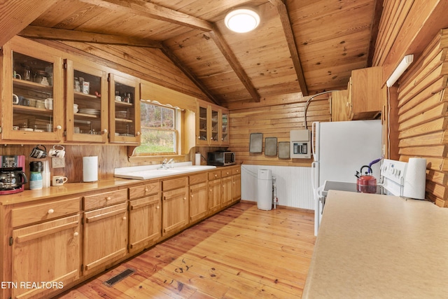 2009 Tellico Reliance Rd, Reliance, TN 37369 - kitchen featuring wooden walls, wood ceiling, light wood finished floors, light countertops, and glass insert cabinets
