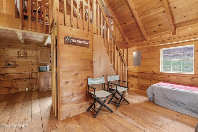 2009 Tellico Reliance Rd, Reliance, TN 37369 - bedroom with hardwood / wood-style floors, wooden walls, wood ceiling, and electric panel
