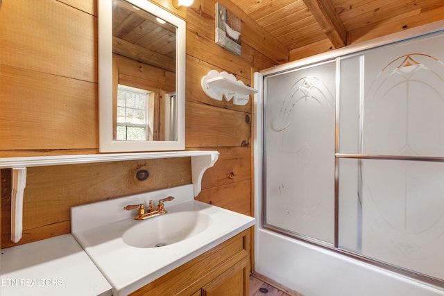 2009 Tellico Reliance Rd, Reliance, TN 37369 - full bathroom with wooden ceiling, vanity, enclosed tub / shower combo, and wooden walls