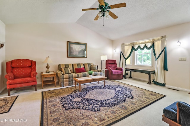 2162 Spruce Loop, Crossville, TN 38555 - living area featuring carpet floors, lofted ceiling, a ceiling fan, baseboards, and a textured ceiling