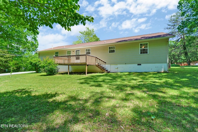 2162 Spruce Loop, Crossville, TN 38555 - rear view of property with crawl space, a wooden deck, a lawn, and stairs